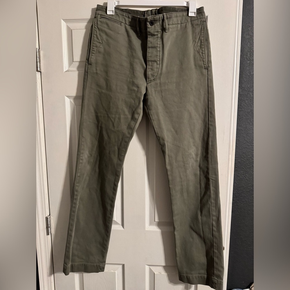 RRL olive green officer pant.